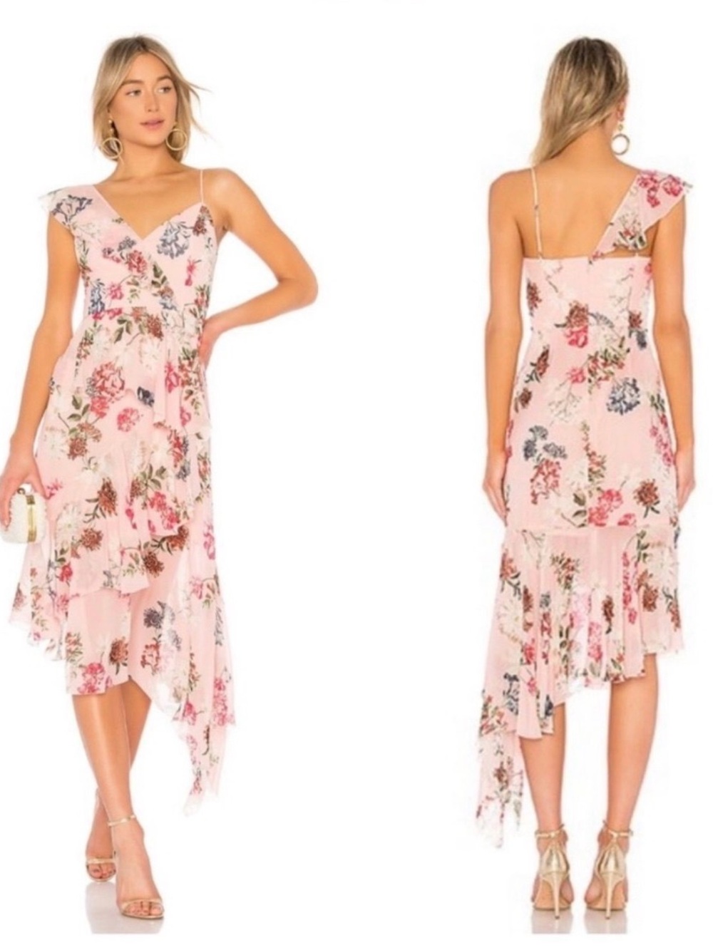 NICHOLAS Pink Floral One-Shoulder Asymmetrical Midi Dress